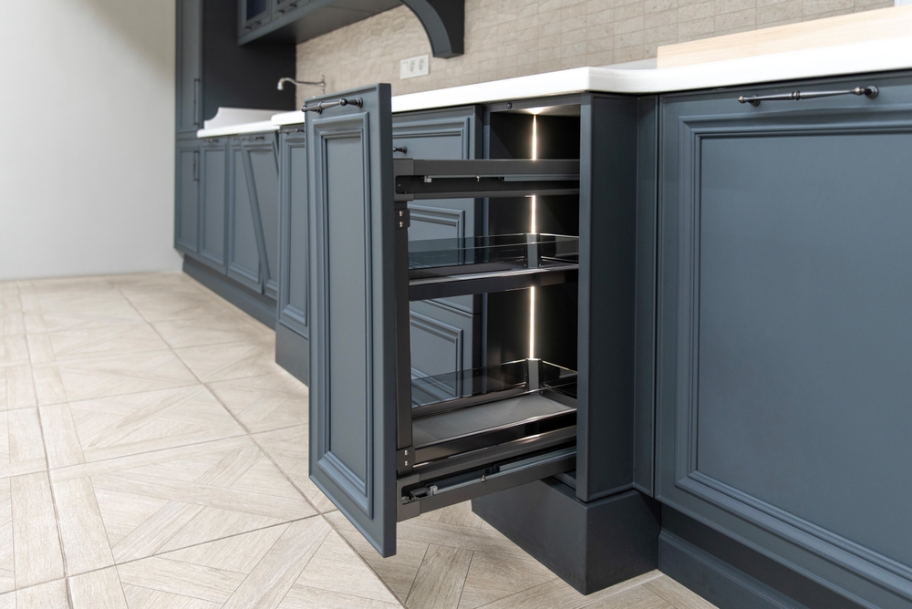 Open,Deep,Drawer,In,A,Classic,Dark,Blue,Kitchen,Interior wood cabinet doors