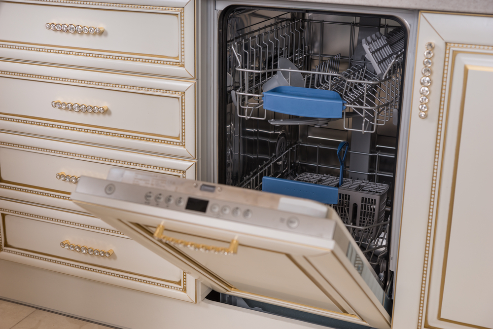 Kitchen,Detail,Of,Dish,Washer,Appliance,With,Open,Door,To wood cabinet doors